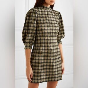 Ganni Charron Mini Dress Seersucker Check Green and Black Size 2